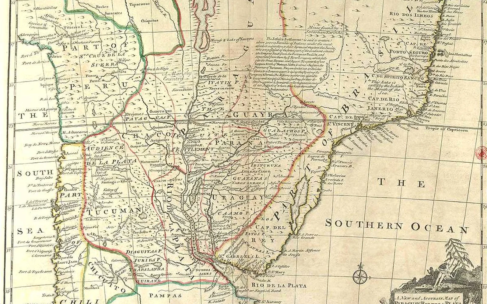 Mapa histórico de Sudamérica impreso en el siglo XVIII.